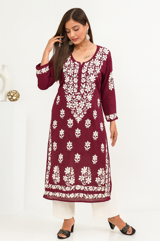 Lucknowi Chikankari Wine Modal Kurti-K000122