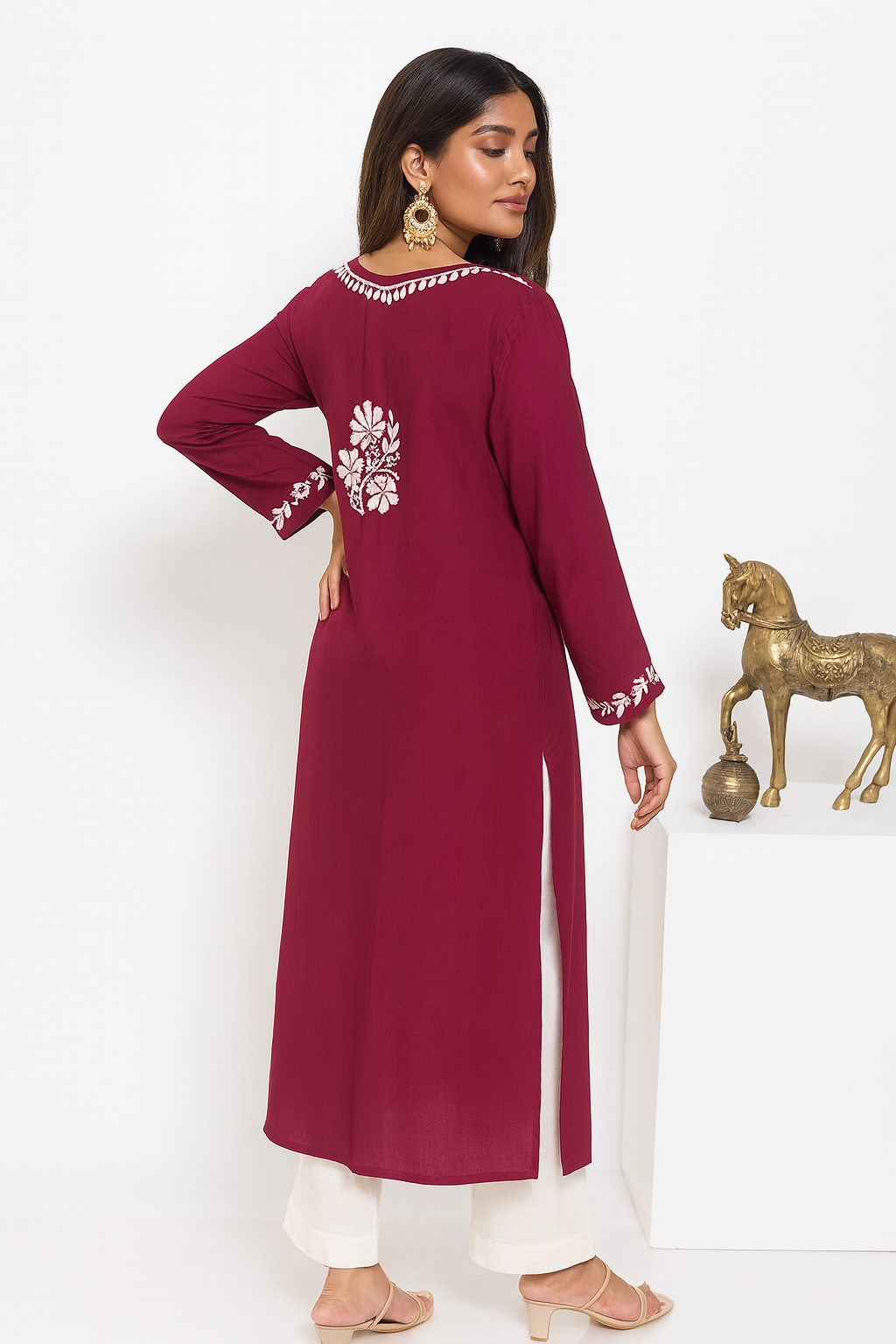 Lucknowi Chikankari Wine Modal Kurti-K000122