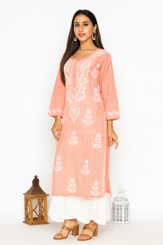 Lucknowi Chikankari Pink Cotton Kurti-K000108