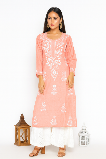 Lucknowi Chikankari Pink Cotton Kurti-K000108