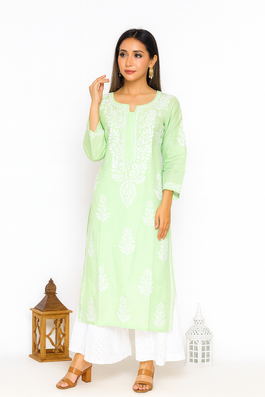 Lucknowi Chikankari Green Cotton Kurti-K000110