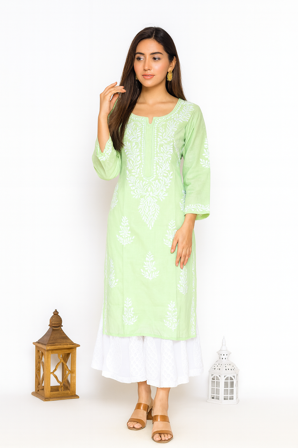 Lucknowi Chikankari Green Cotton Kurti-K000110
