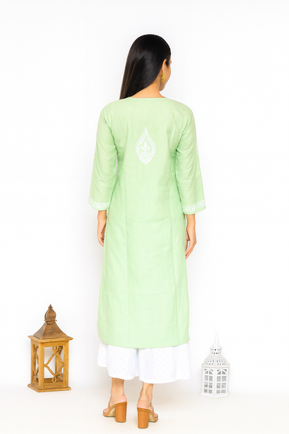 Lucknowi Chikankari Green 'Bahar' Cotton Kurti-K000110