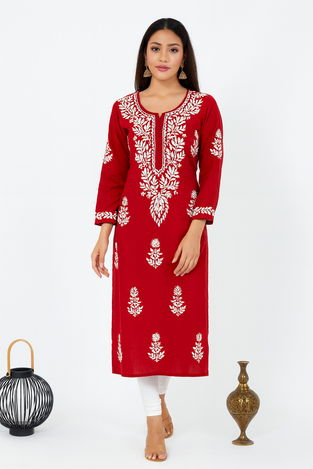 Lucknowi Chikankari Red Cotton Kurti-K000111