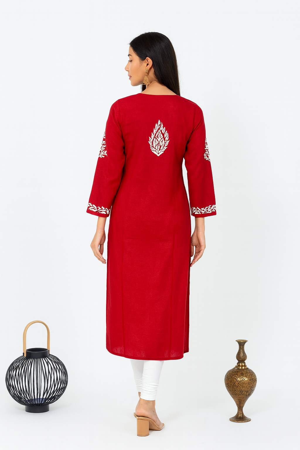Lucknowi Chikankari Red Cotton Kurti-K000111