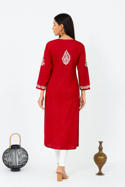 Lucknowi Chikankari Red 'Surkh' Cotton Kurti-K000111