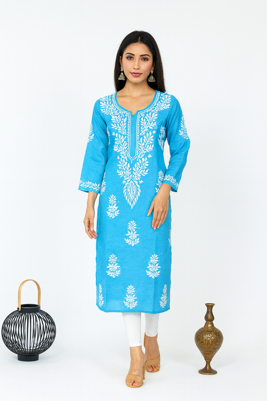 Lucknowi Chikankari Blue Cotton Kurti-K000112