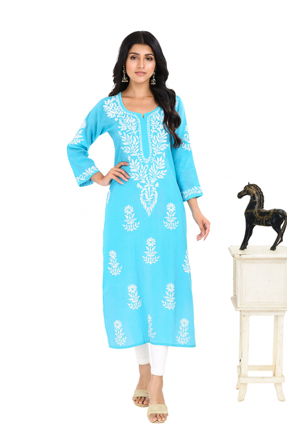 Lucknowi Chikankari Blue 'Aab-e-Asmaan' Cotton Kurti-K000113