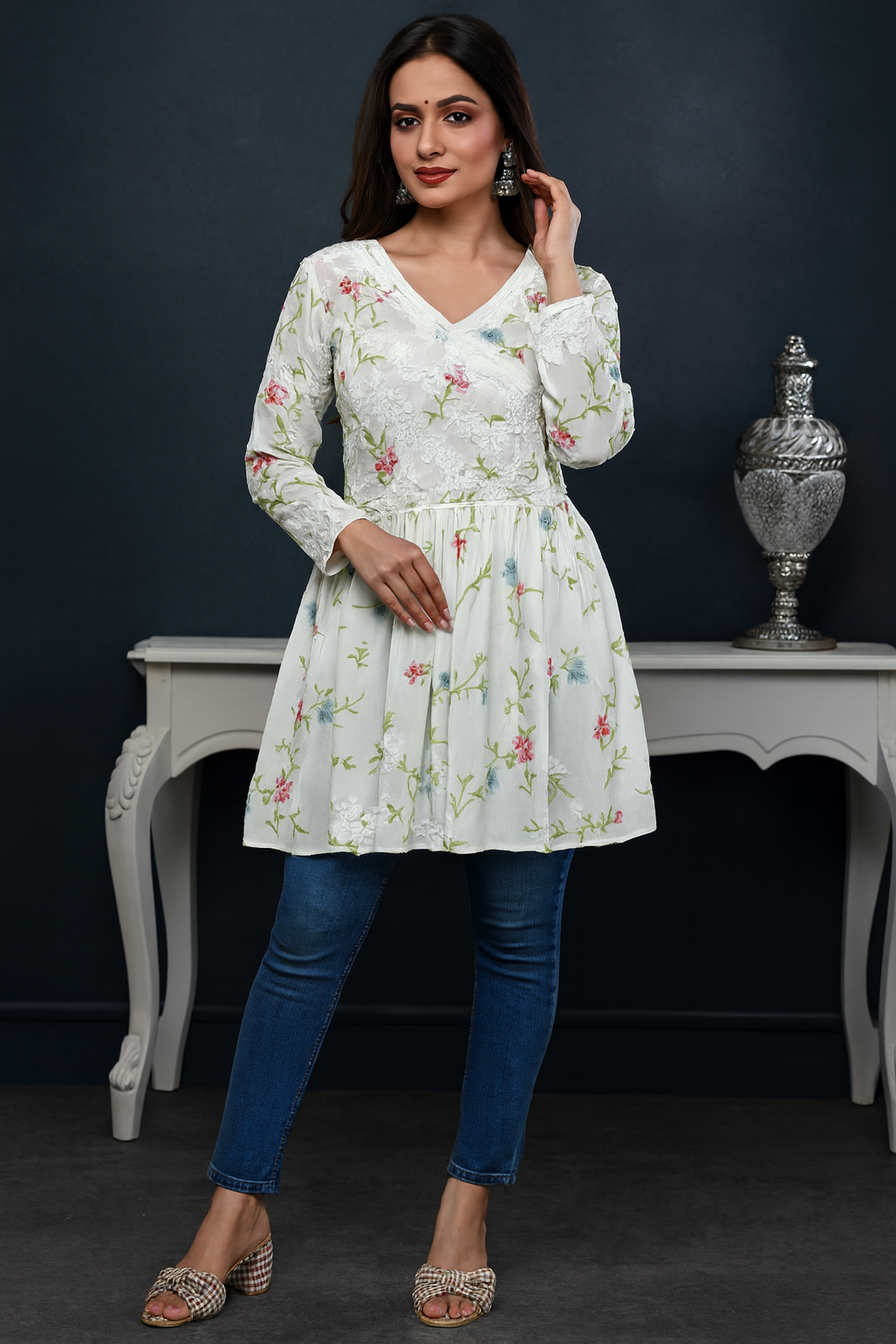 Lucknowi Chikankari White 'Ujaala' Printed Georgette Angrakha Styled Short Kurti-T000008