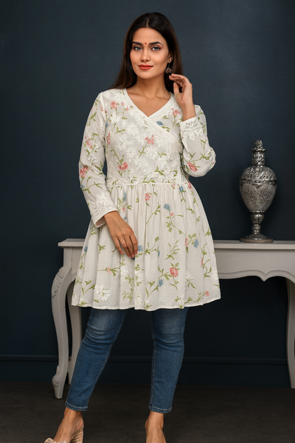 Lucknowi Chikankari White 'Ujaala' Printed Georgette Angrakha Styled Short Kurti-T000008