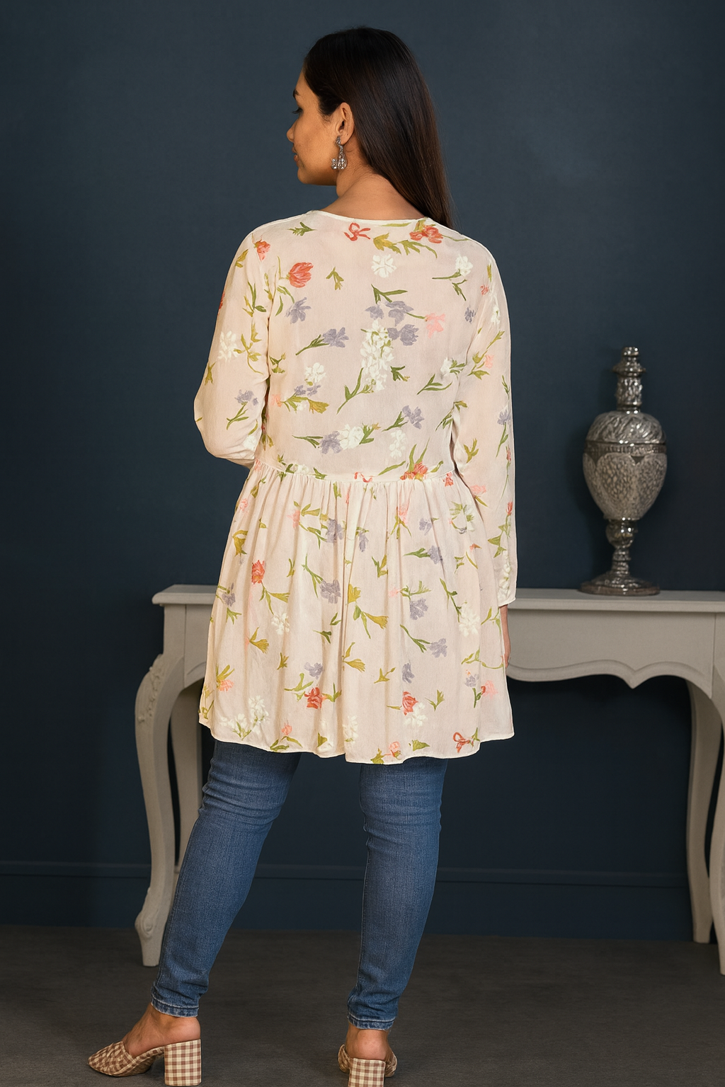 Lucknowi Chikankari White 'Ujaala' Printed Georgette Angrakha Styled Short Kurti-T000008