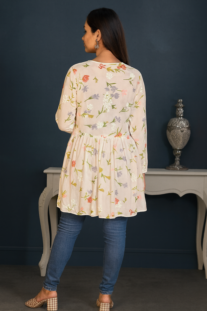 Lucknowi Chikankari White 'Ujaala' Printed Georgette Angrakha Styled Short Kurti-T000008