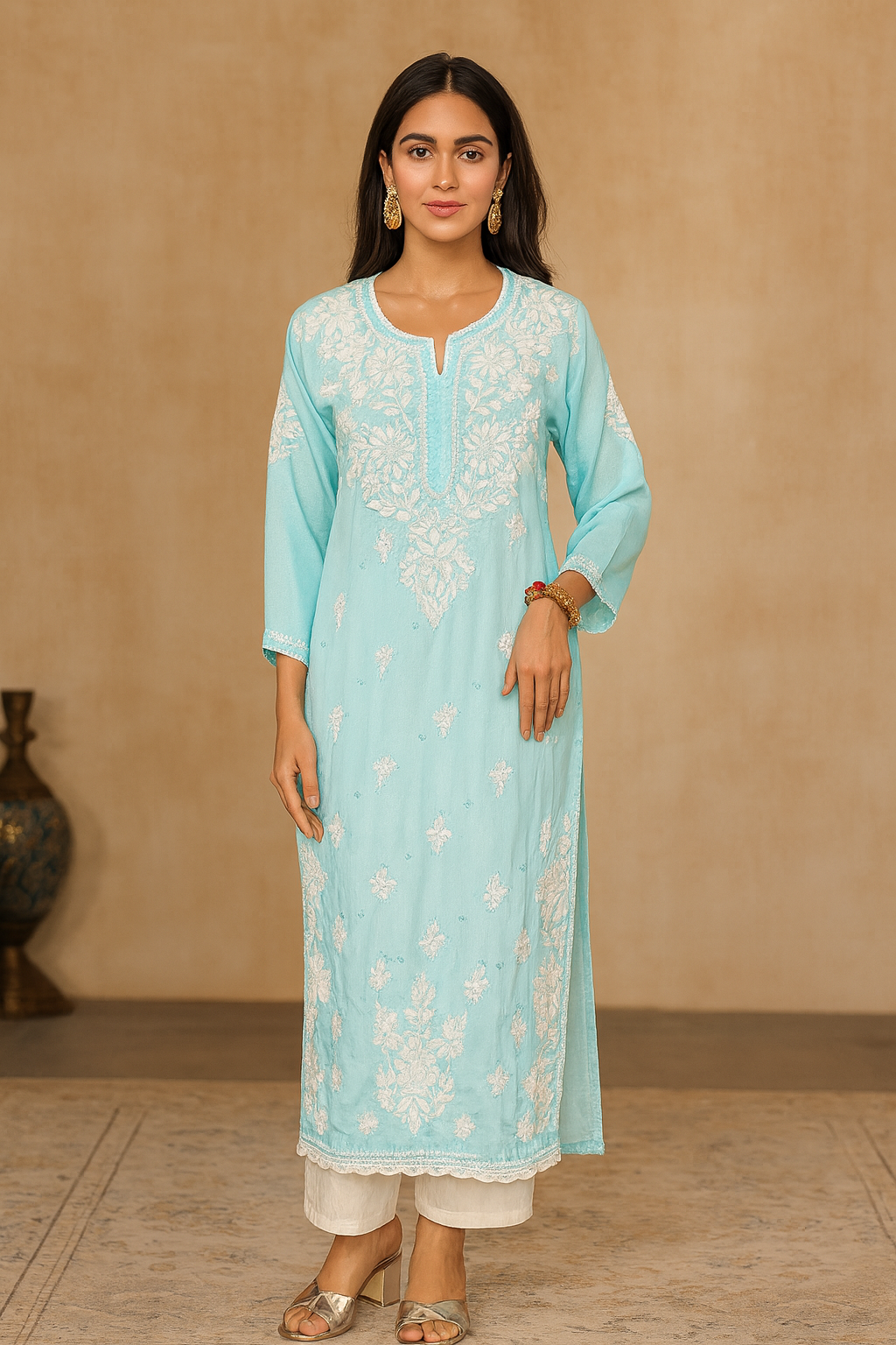 Lucknowi Chikankari Crape Blue Kurti-K000130