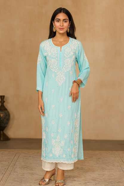 Lucknowi Chikankari Crape Blue Kurti-K000130