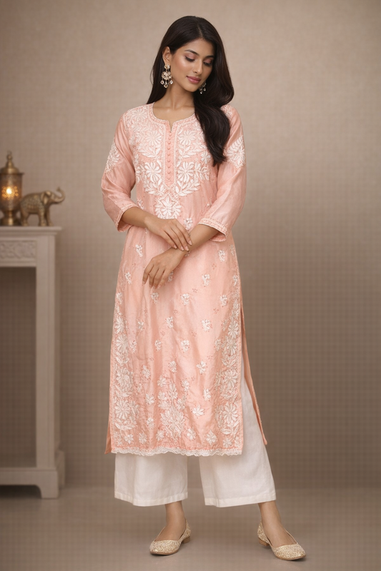 Lucknowi Chikankari Crape Peach Kurti-K000131