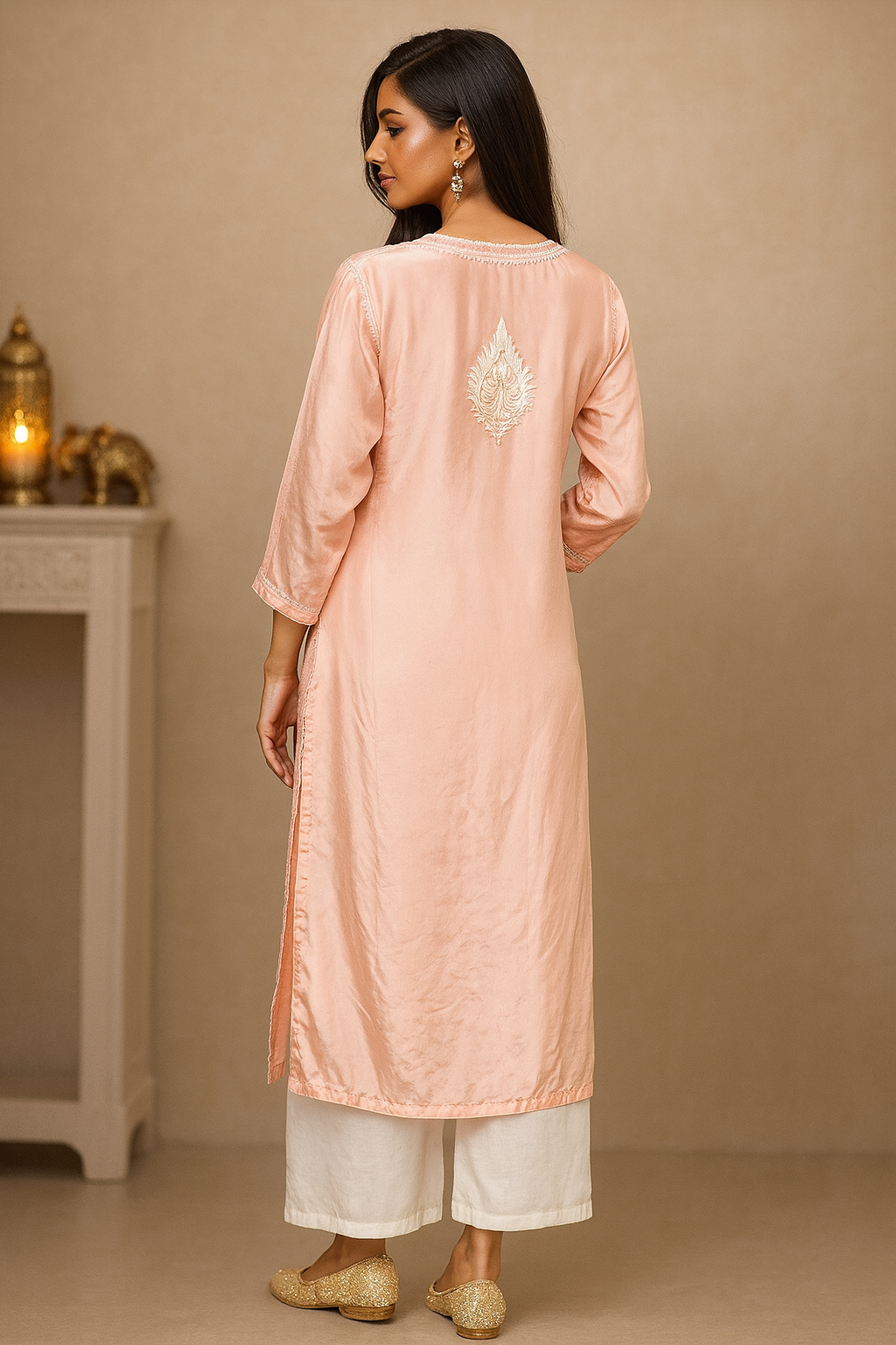 Lucknowi Chikankari Crape Peach Kurti-K000131
