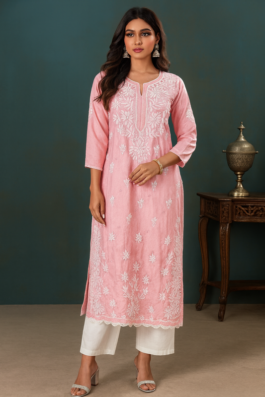 Lucknowi Chikankari Crape Pink Kurti-K000132