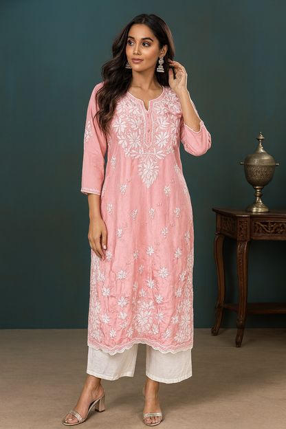 Lucknowi Chikankari Crape Pink Kurti-K000132