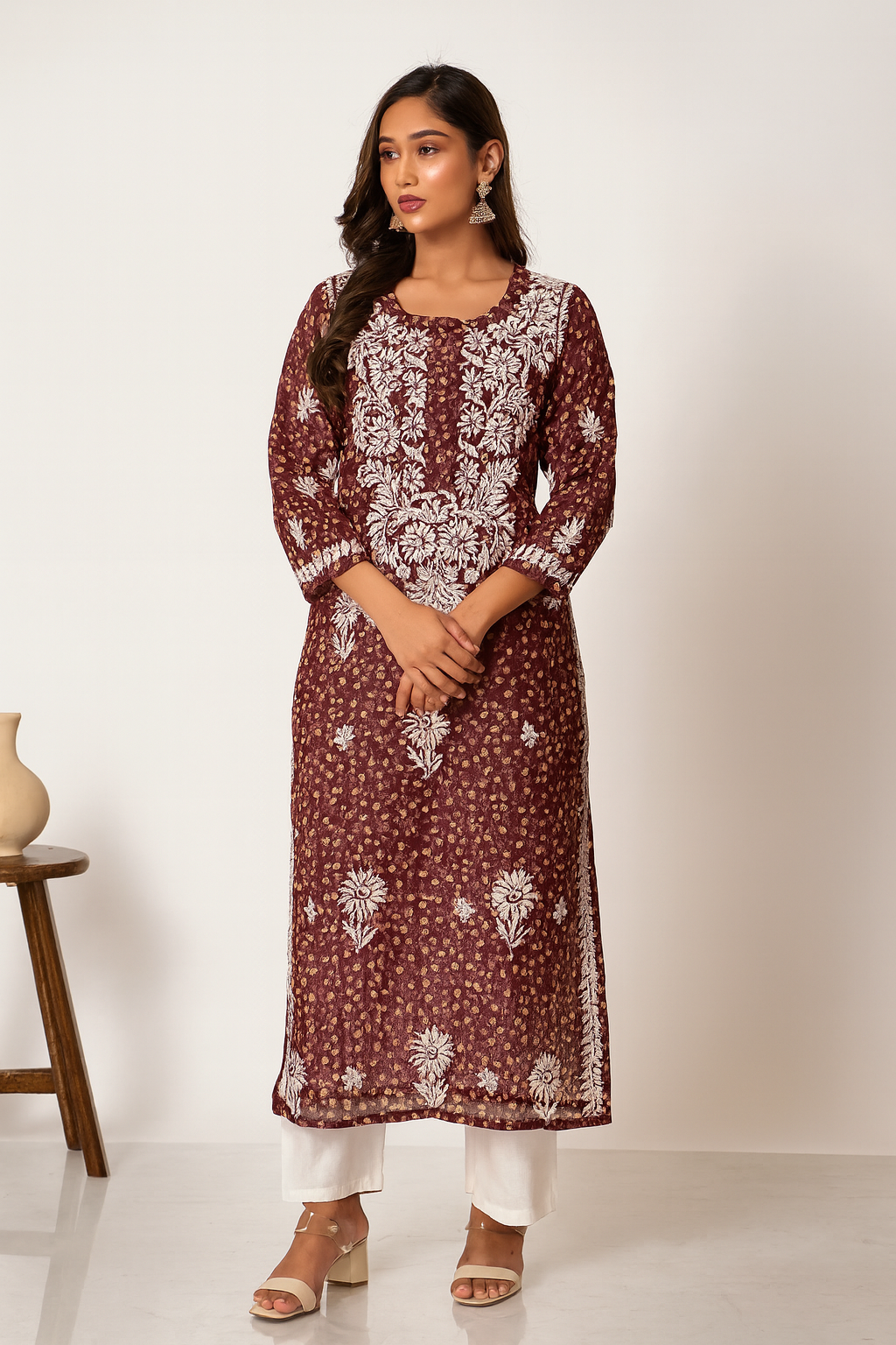 Lucknowi Chikankari Coke Printed Faux Kota Kurti-K000123