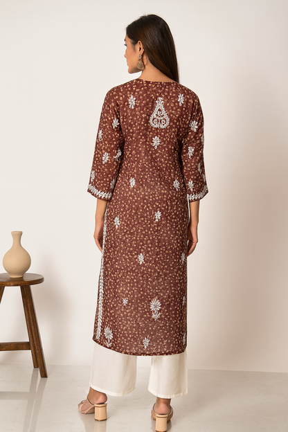 Lucknowi Chikankari Coke Printed Faux Kota Kurti-K000123