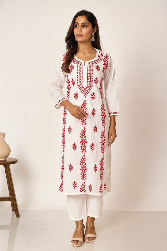 Lucknowi Chikankari White 'Ujaala' Cotton Kurti-K000124