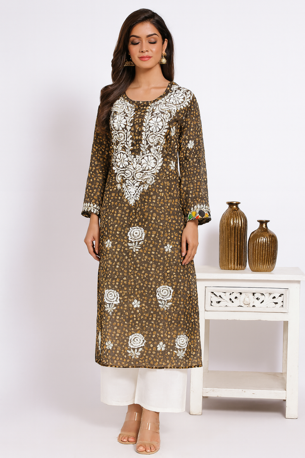 Lucknowi Chikankari Brown Printed Faux Kota Kurti-K000126