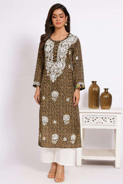 Lucknowi Chikankari Brown Printed Faux Kota Kurti-K000126