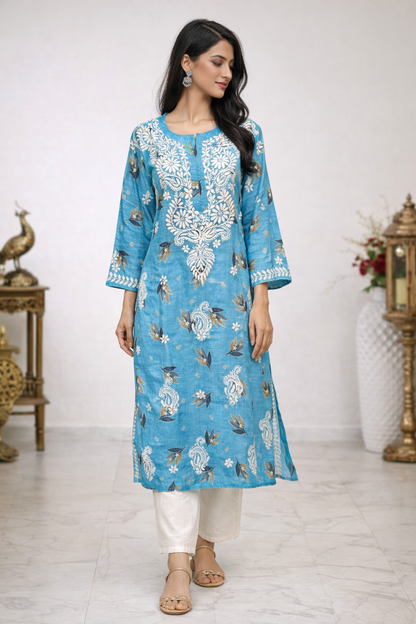 Lucknow Fashion Diary Lucknowi Chikankari Blue Printed Faux Kota Kurti For Women