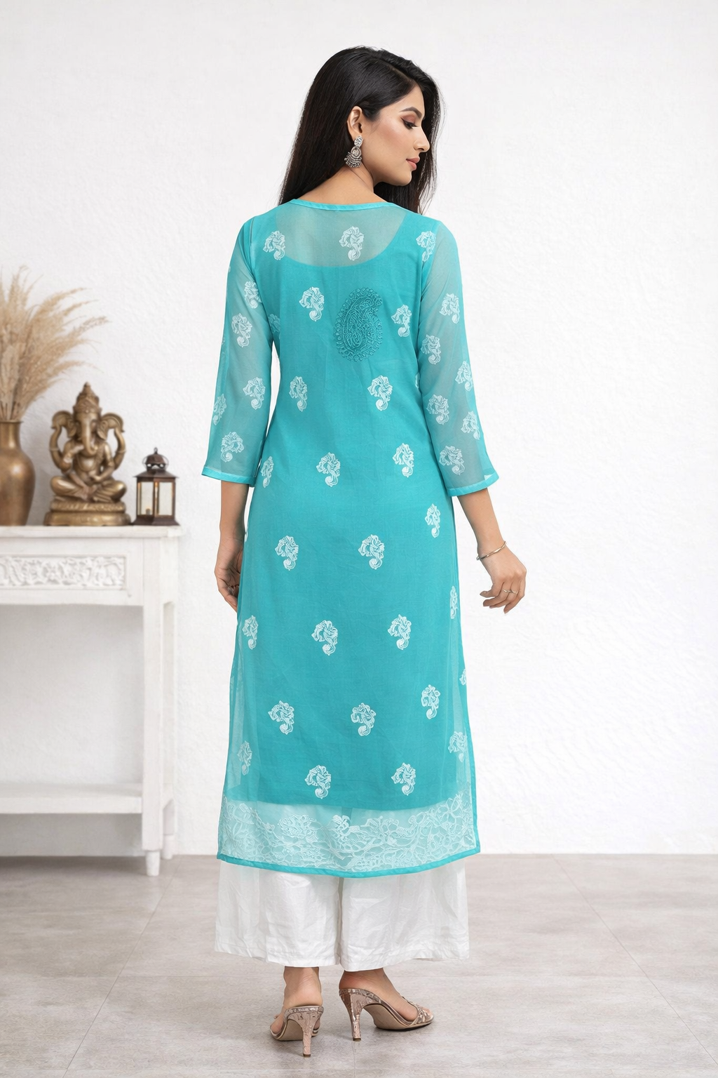 Lucknowi Chikankari Green 'Bahar' Georgette Kurti-K50001
