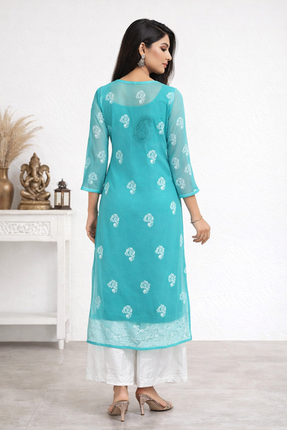 Lucknowi Chikankari Green 'Bahar' Georgette Kurti-K50001