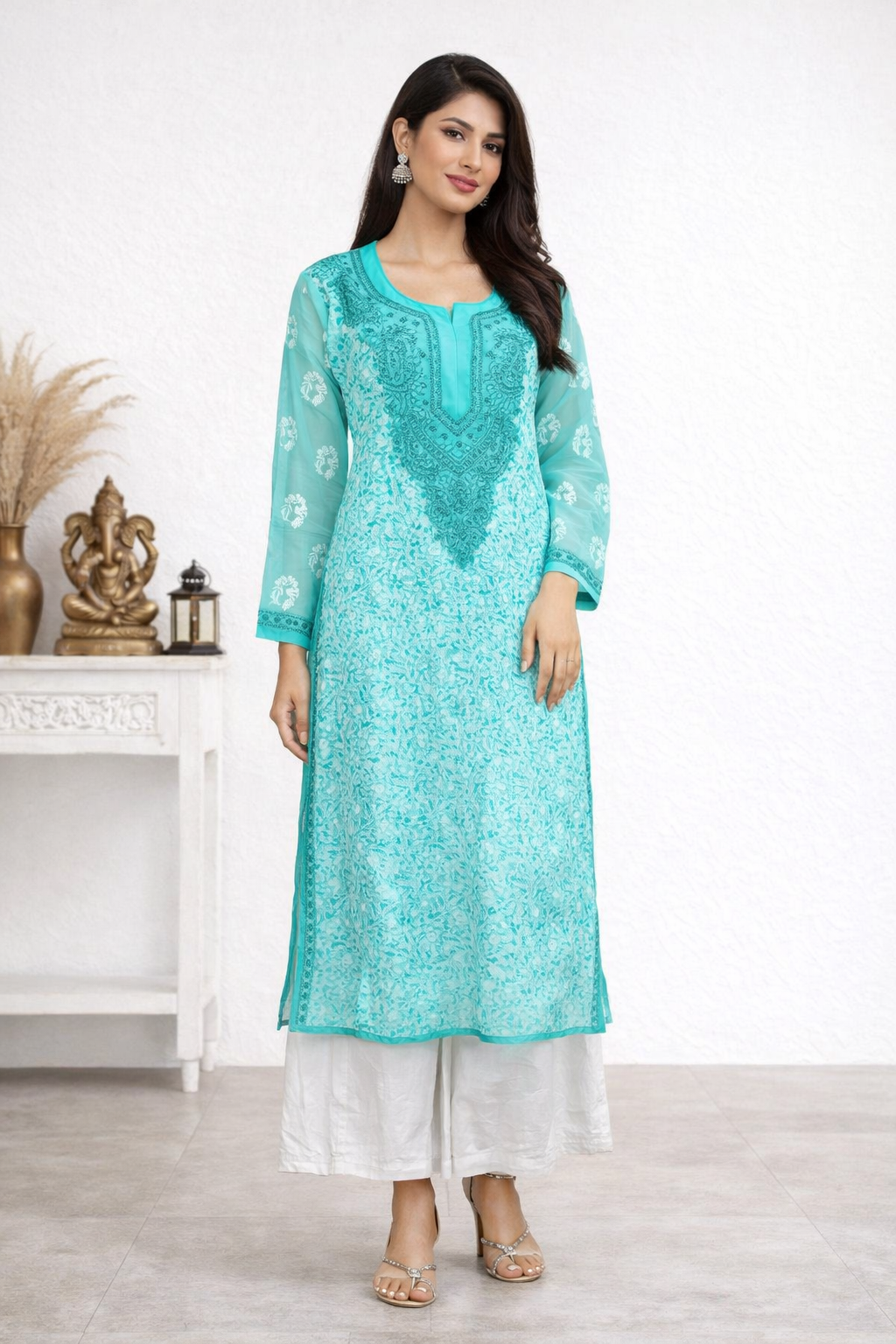 Lucknowi Chikankari Green 'Bahar' Georgette Kurti-K50001