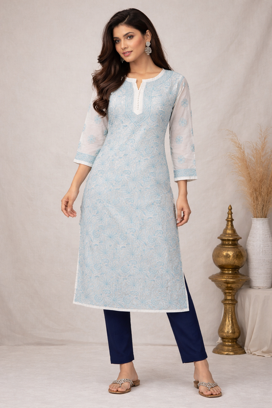Lucknowi Chikankari White 'Ujaala' Cotton Kurti-K50002