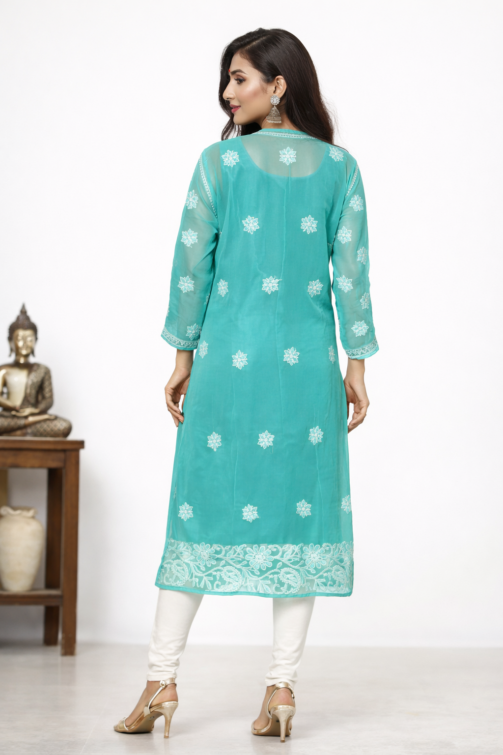 Lucknowi Chikankari Green 'Bahar' Georgette Kurti-K50003