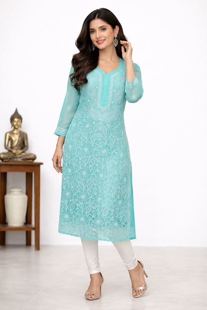 Lucknowi Chikankari Green 'Bahar' Georgette Kurti-K50003