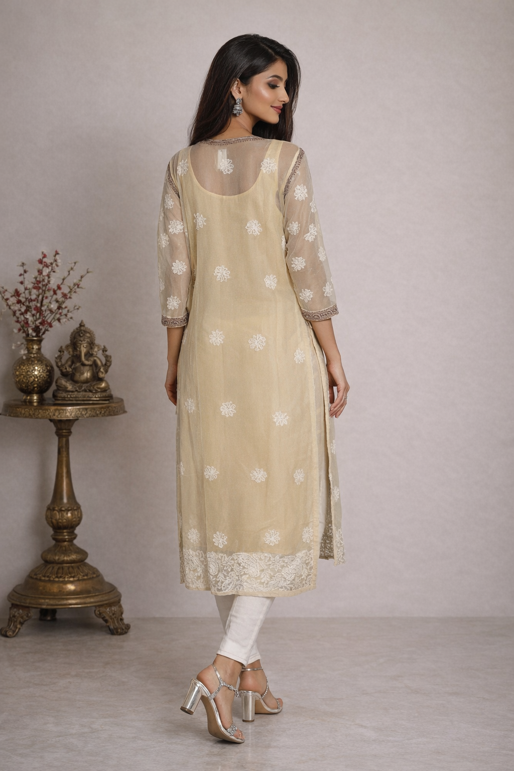 Lucknowi Chikankari Fawn 'Karimi' Georgette Kurti-K50004