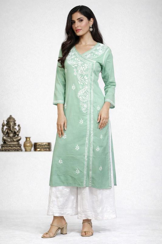 lucknow fashion diary lucknowi chikankari green cotton angrakha kurti for women