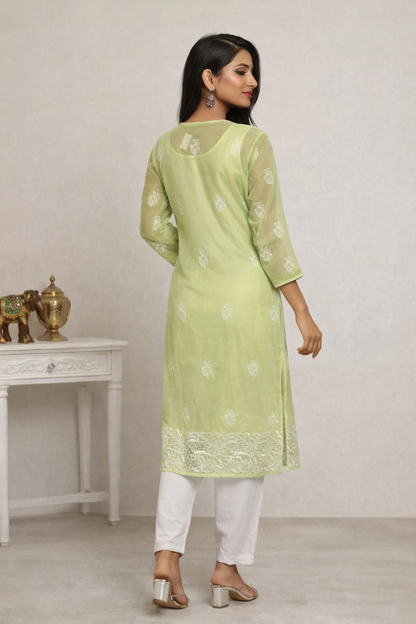 Lucknowi Chikankari Green 'Bahar' Georgette Kurti-K50008