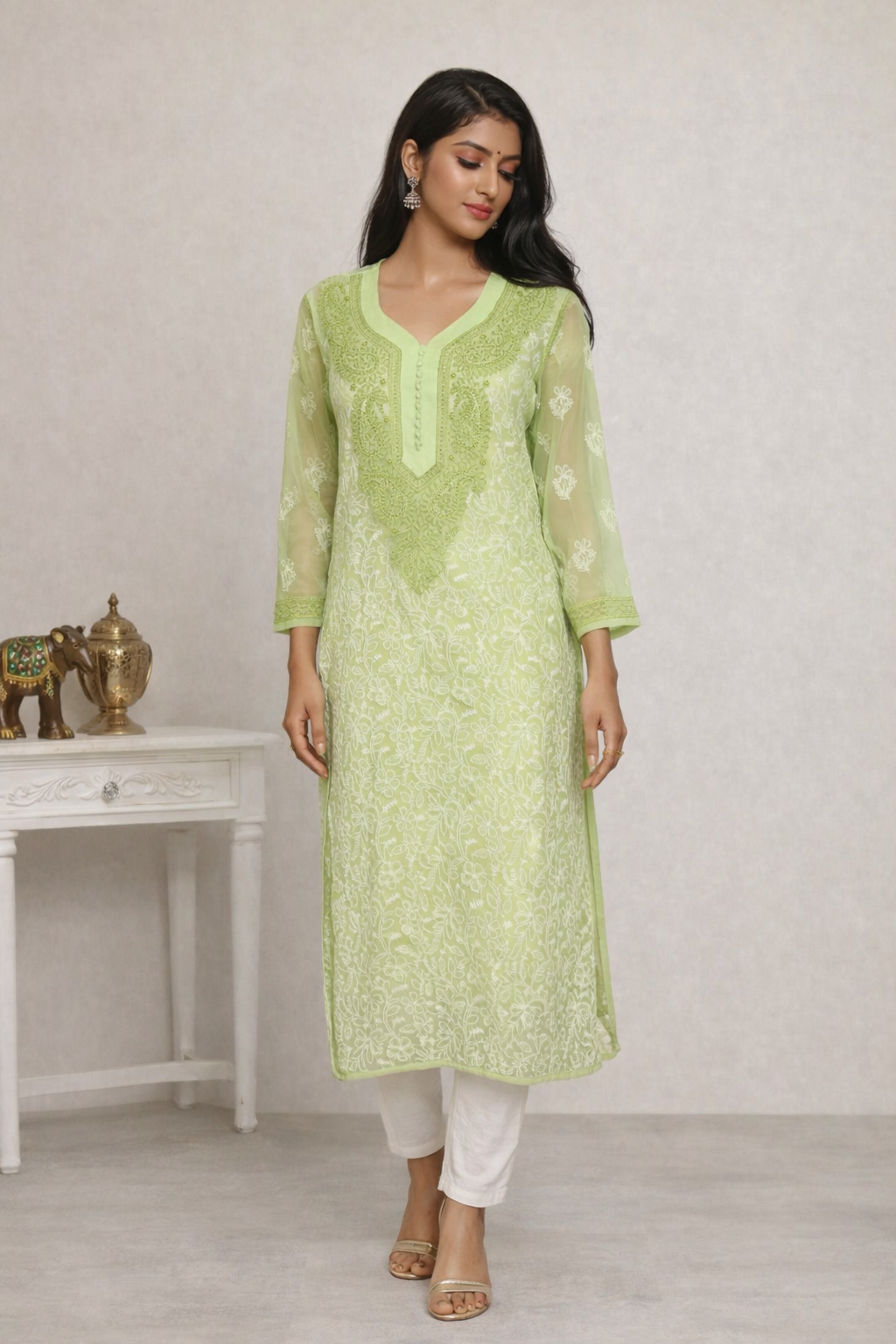 Lucknowi Chikankari Green 'Bahar' Georgette Kurti-K50008