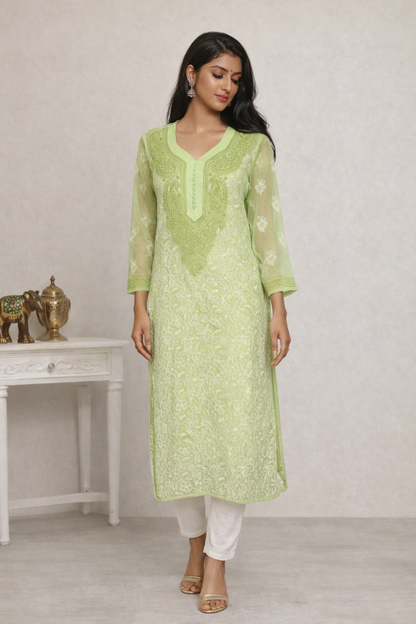 Lucknowi Chikankari Green 'Bahar' Georgette Kurti-K50008