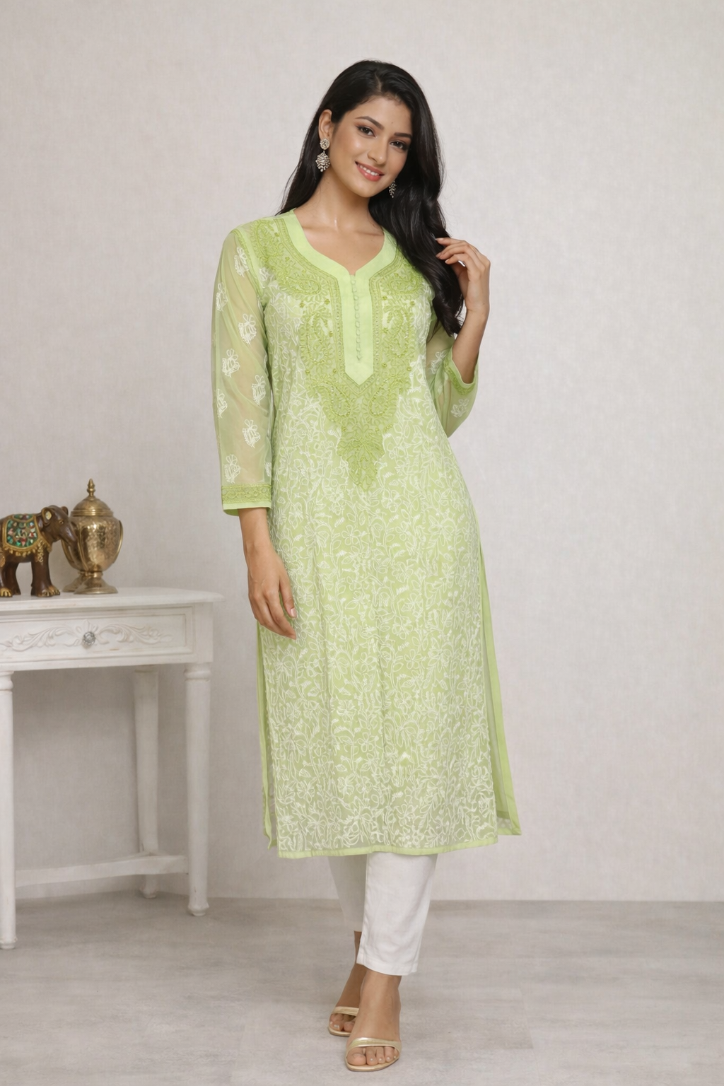 Lucknowi Chikankari Green 'Bahar' Georgette Kurti-K50008