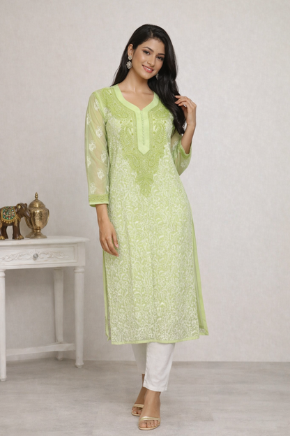 Lucknowi Chikankari Green 'Bahar' Georgette Kurti-K50008