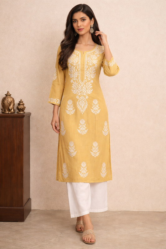 Lucknow Fashion Diary Hand Embroidered Lucknowi Chikankari Fawn Women's Cotton Kurti