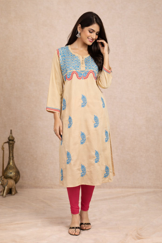 Lucknow Fashion Diary Hand Embroidered Lucknowi Chikankari Women's Fawn Cotton Kurti