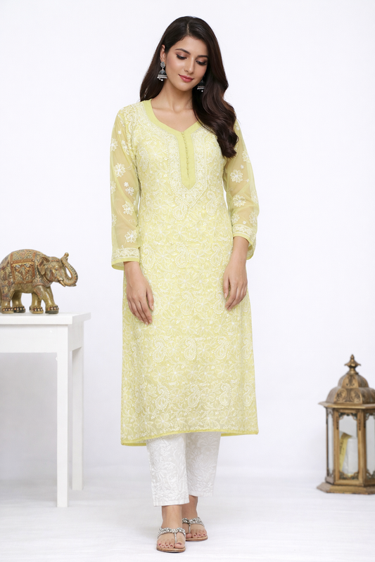 Lucknow Fashion Diary Hand Embroidered Lucknowi Chikankari Women's Green Georgette Kurti