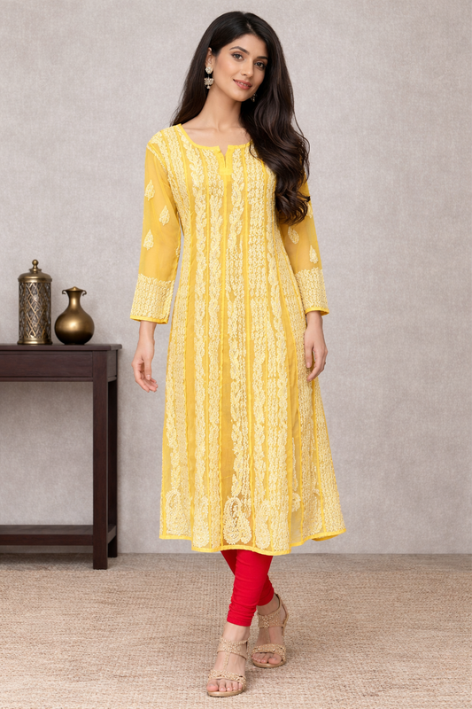 Lucknow Fashion Diary Hand Embroidered Lucknowi Chikankari Women's Yellow Georgette Anarkali