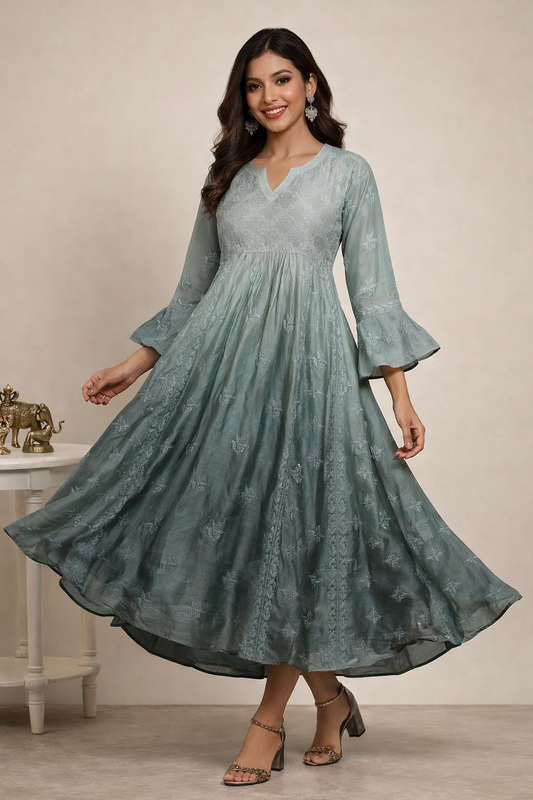 lucknow fashion diary lucknowi chikankari shaded grey chanderi short gown for women