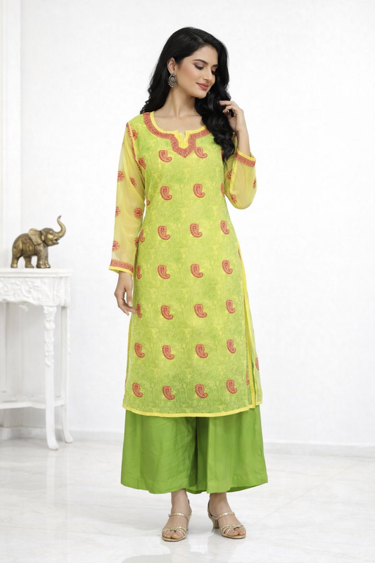 Lucknow Fashion Diary Hand Embroidered Lucknowi Chikankari Women's Yellow Georgette Kurti