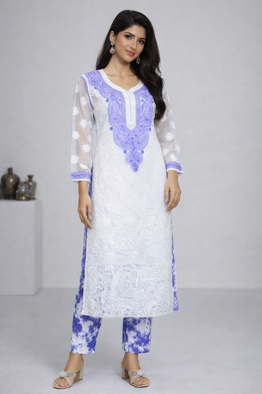 Lucknow Fashion Diary Hand Embroidered Lucknowi Chikankari Women's White Georgette Kurti