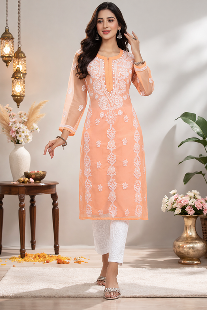 Lucknow Fashion Diary Hand Embroidered Lucknowi Chikankari Women's Peach Georgette Kurti