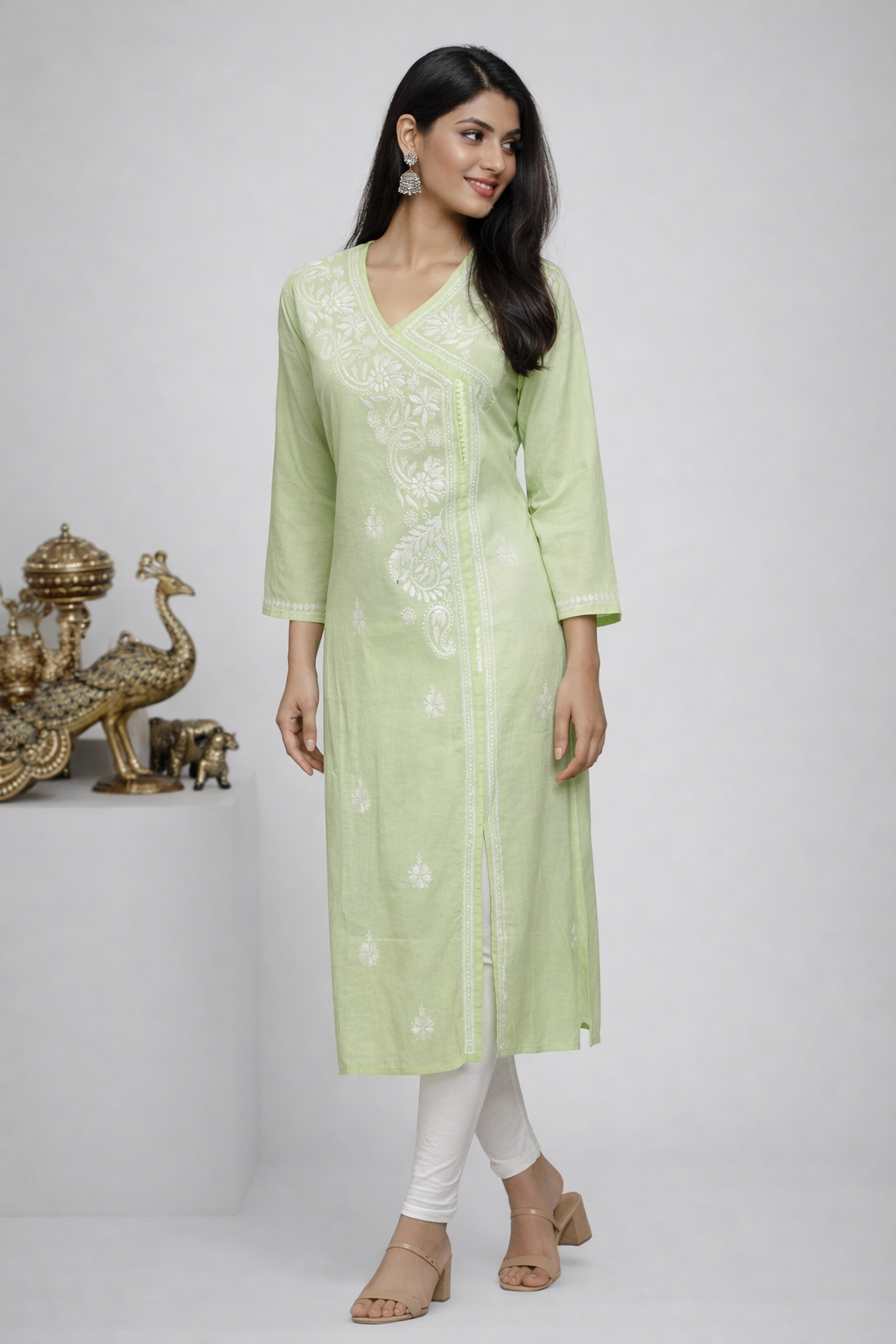 lucknow fashion diary lucknowi chikankari green cotton angrakha kurti for women